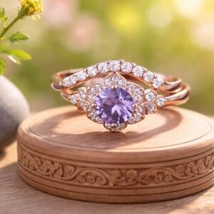 New Alexandrite 18K Rose Gold Vermeil Ring Set, June Birthstone